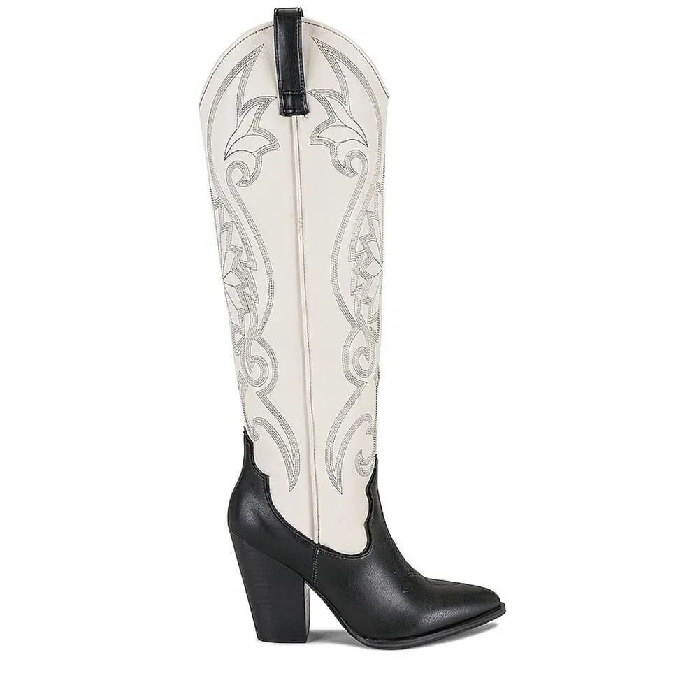 Steve Madden Lasso White Black Leather Western Tall Boots Size 8 Cowboy Style - Picture 2 of 6